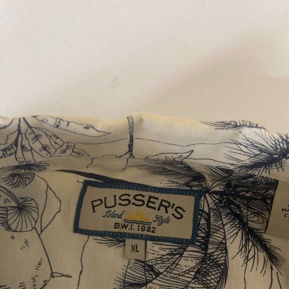 Pusser's Linen Light Beige Black Hawaiian Print Short Sleeved Button Up Shirt XL - Picture 7 of 10